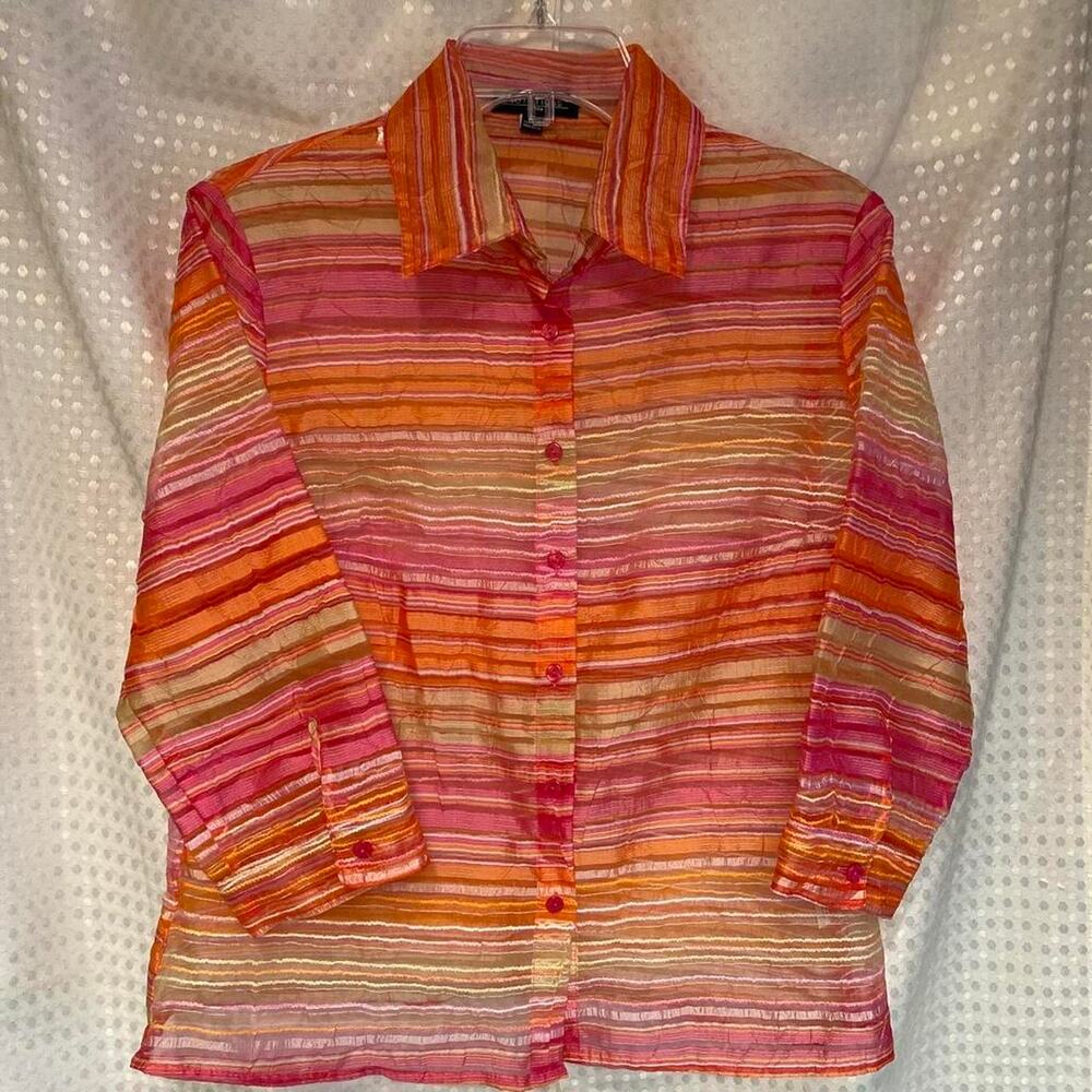 Orange, pink, white striped sheer button-up blouse SIZE PM